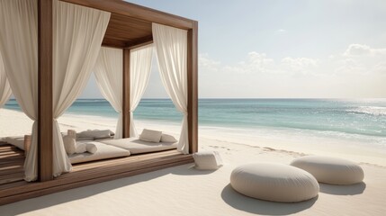 Obraz premium The perfect summer vacation or holiday design is brought to life in this breathtaking tropical beach scene, boasting a white canopy and curtain, a brilliant blue sky, and an idyllic white sand