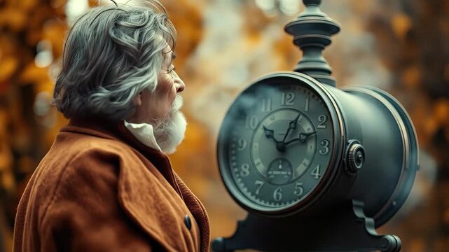 An elderly man with gray hair and a beard observes a large vintage clock in a picturesque autumn landscape filled with vibrant orange and yellow leaves