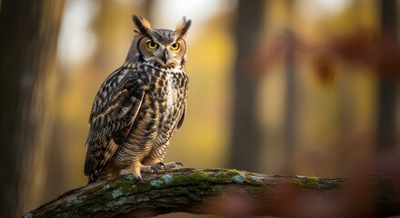 Obraz premium Great horned owl with striking yellow eyes perched on a mossy branch in an autumn forest, its intricate plumage blending with the natural surroundings