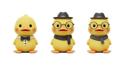 Fototapeta premium Three cute yellow ducklings in different outfits