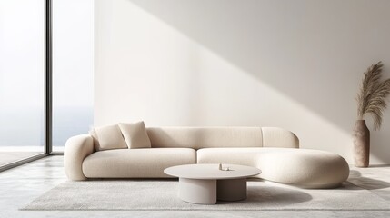 A large living room in a modern house or luxury hotel has a sofa on its wooden floor, presented in a minimal home interior 3d rendering with a view of the sky and the sea