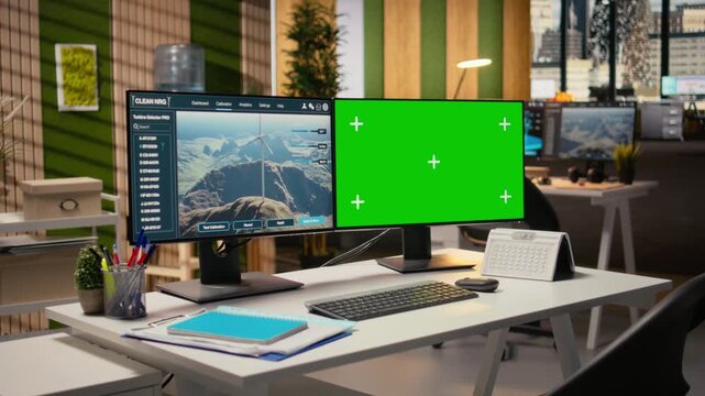 Wind turbine simulation on green screen mockup PC in RD office. CAD program interface on chroma key computer supporting renewable energy engineering and sustainable technology innovation