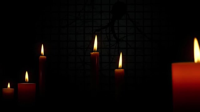 Soft candlelight fills the dark space casting warm glows and gentle shadows inviting tranquility and contemplation during evening hours