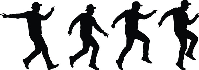 Dance silhouette poses, urban motion vector, hip-hop gesture clipart, cap-wearing figure set, choreography movement icons, street style illustration