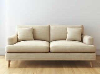 Fototapeta premium A modern house or luxury hotel has a large living room with an empty wooden floor, where a beige sofa is placed near a blank wall, as shown in a cozy home interior 3d rendering with a beach and sea