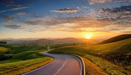 sunrise journey a winding road disappears into a vibrant sunrise over rolling hills symbolizing a path towards new beginnings and endless possibilities