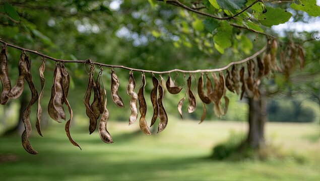 Dried seed pods hanging from tree branch, park background, autumn - Powered by Adobe