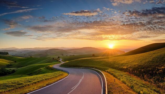 sunrise journey a winding road disappears into a vibrant sunrise over rolling hills symbolizing a path towards new beginnings and endless possibilities