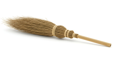 Photo of traditional broom with white background, simple household cleaning tool commonly used in Asia.