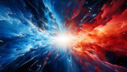 vibrant blue and red colors burst outward from a bright white center creating a dynamic cosmic explosion in the dark universe