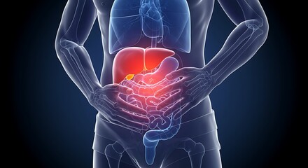 Anatomy Illustration Pain in Liver, Stomach, and Intestines with Red Inflammation
