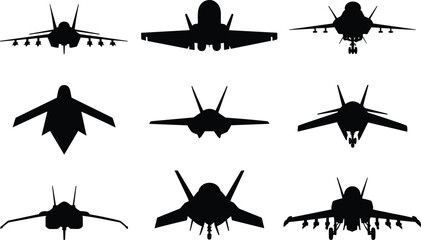 Military fighter jet silhouettes collection, front and rear views, aviation vector illustration, modern aircraft design, air force, warplane silhouette set.