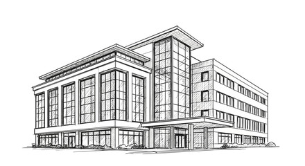 Architectural design of a commercial building in detailed line art style