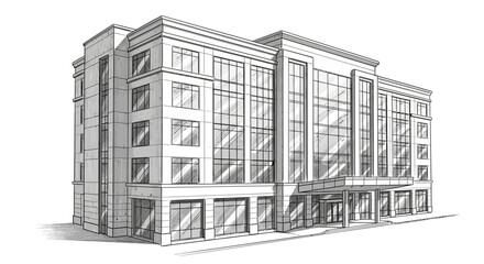 Fototapeta premium Architectural sketch of modern office building with glass facades isolated