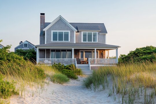 The exterior of a cape cod house is set against a stunning beach and ocean landscape, generated using the power of stock and machine learning