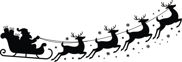 Santa Claus silhouette riding sleigh pulled by four reindeer, Christmas holiday vector illustration, winter festive design, seasonal decoration, Christmas celebration concept.