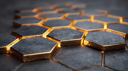Obraz premium A surface of dark hexagonal tiles with gold edges, glowing from beneath. Abstract background representing luxury, modern technology, and premium design. 