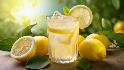 a glass of iced lemonade with a lemon slice and fresh whole lemons beside it