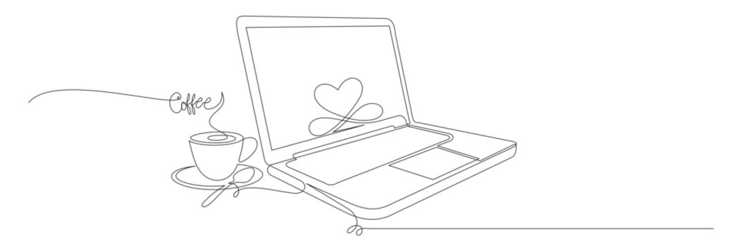 continuous line art style image of a laptop and a cup of coffee vector