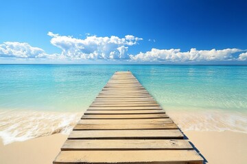 Fototapeta premium A charming boardwalk in Destin, Florida, gives a beautiful perspective of the ocean and a beach house, while a wooden pathway follows the outer edge of the beach house