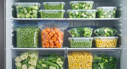 Organized Freezer with Green Vegetables and Orange Carrots
