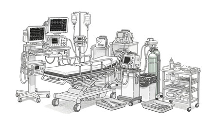 Obraz premium Detailed line drawing of various medical equipment in a clinical environment
