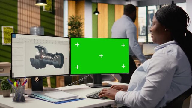Wind energy researcher analyzes turbine component on green screen PC to maximize sustainability. CAD designer uses software on mockup computer to boost turbine clean energy output, camera A