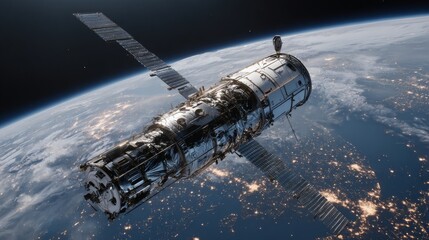 Obraz premium Futuristic High-Tech Satellite Orbiting Earth at Night