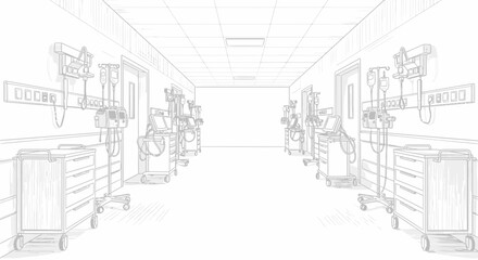 Fototapeta premium Intensive care unit hallway, showcasing hospital ward sketch illustration