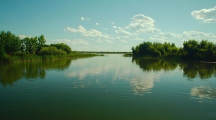 Serene River Landscape with Lush Green Banks and Clouds