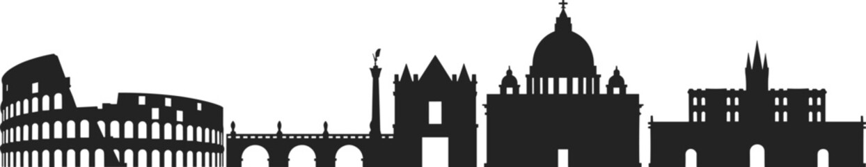 Silhouette vector of Rome landmarks, Colosseum, Vatican, historical architecture, Italian monuments, skyline illustration, ancient buildings, famous Roman tourist attractions