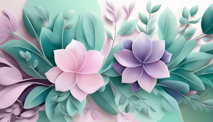 a modern abstract design of flowers and leaves gently intertwined in shades of lavender mint green and soft pink the composition exudes serenity and elegance perfect for the spring season