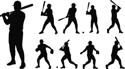 Obraz premium Baseball player silhouette set, batting and pitching poses, sports motion vector, athletic gesture clipart, fielding action icons