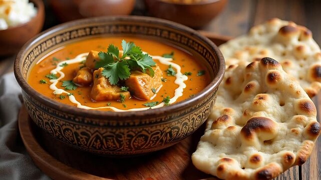 Authentic Indian butter chicken simmering with fresh naan bread, a vibrant culinary experience and perfect for food blogs or restaurant promotions