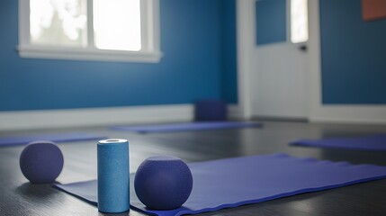 Serene Yoga Studio Interior with Mats, Foam Roller, and Balls