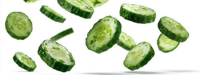 Falling cucumber slices isolated on a white background with clipping path. Flying vegetables