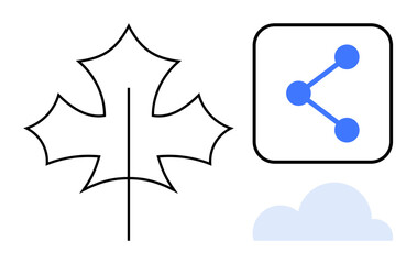 Abstract maple leaf, blue share connectivity icon, soft cloud graphic. Ideal for ecology, sustainability, technology integration, connectivity, environmental themes, modern design simple landing