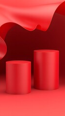 Abstract Red Cylinders and Draped Fabric Background