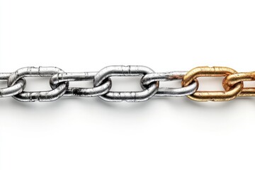 Fototapeta premium A close-up view of interconnected metal chains, featuring different finishes. The image emphasizes strength, connection, and the power of unity in industrial settings.
