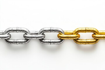 Fototapeta premium A close-up image of a chain featuring silver and gold links, symbolizing strength, connection, and durability in industrial and technological settings.