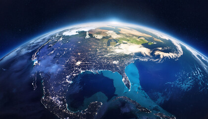 a view of the earth from space with clouds and oceans and land masses visible from above the planet
