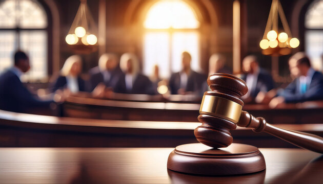 wooden gavel and sound block symbolize justice and legal proceedings in courtroom with scales and jury blurred in background