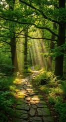 Fototapeta premium Sunlit Forest Path with Green Trees and Stone Pathway