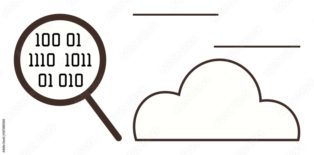 Wall mural magnifying glass examining binary code alongside a cloud shape. ideal for data analysis, cloud compu