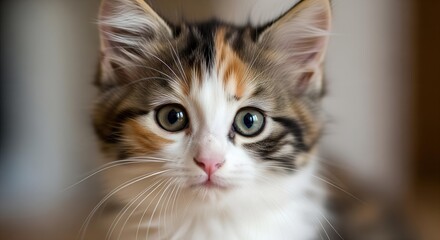 Obraz premium Adorable calico kitten looking at the camera with bright eyes and soft whiskers against a creamy bokeh backdrop. Perfect for pet lifestyle, veterinary, children’s content, and adoption themes.
