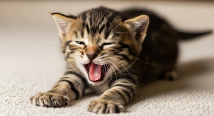 Sweet tabby kitten caught mid-yawn on a cozy floor with soft neutral background. A charming pet moment perfect for lifestyle blogs, veterinary clinics, and children’s products.