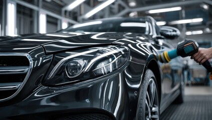 Polished black car in a factory setting (2)