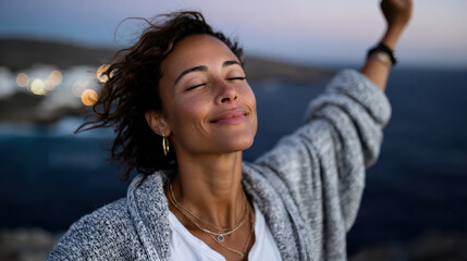 A serene woman stands by the ocean during dusk, embracing tranquility and inner peace, capturing the essence of nature’s beauty and emotional connection to the sea.