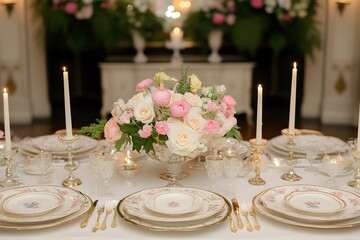 Elegant Romantic Table Setting with Pink Flowers and Candles