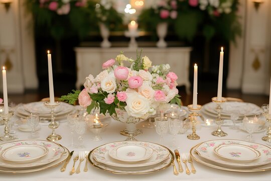 Elegant Romantic Table Setting with Pink Flowers and Candles